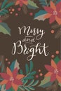 Merry And Bright. Merry Christmas and Happy Holidays retro style vintage hand drawn greeting card, gift tag, postcard, poster in Royalty Free Stock Photo