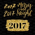 Merry and bright lettering and numbers 2017. Golden elements design set. Vector illustration. Christmas greeting card Royalty Free Stock Photo