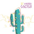Merry cactus. Vector Merry christmas greeting card with cactus and American desert background