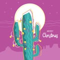 Merry cactus. Vector Merry christmas greeting card with American desert in winter night