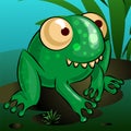 A merry cartoon frog is sitting on a swamp.