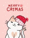Merry catmas, Christmas greeting card, Cute smile cat with santa red hat, snowfalling in pink background, outline doodle hand draw