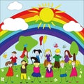 Merry children background with rainbow and sun