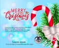 Merry Chirstmas, composition with modern calligraphy lettering on blue background with bokeh. Vector Illustration