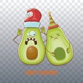 Merry chirstmas vector funky greeting card with with santa claus avocado character and his elf friend on transparent