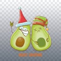 Merry chirstmas vector funky greeting card with with santa claus avocado character and his elf friend on transparent