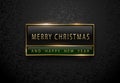 Merry Chistmas and happy new year banner. Premium black green label with golden frame on black floral pattern background. Dark