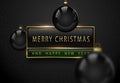 Merry Chistmas and happy new year luxury banner. Golden text, black green rectangular label frame banner. Dark geometric pattern