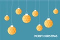 Merry Chrismas vector, gold chrismas ball hanging on the blue background Royalty Free Stock Photo