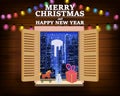 Merry Chrismas window, night, decoraions garland retro, view from the window to the night cityscape, retro toys