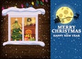 Merry Chrismas, window, night moon, Santa with sleigh, decoraions garland retro, living room christmas tree. Xmas and