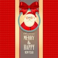 Merry Christamas and Happy New Year banner with cute red bow and Santa Claus