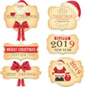 Merry Christamas and Happy New Year banners with cute red bow and Santa Claus