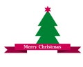 Merry christams sign on red ribbon and green chirstmas tree with