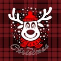 Merry christma banner - Christmas deer wearing a woolen hat and scarf with snow and star circle around on dark red plaid fabric