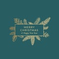Merry Christmas Abstract Botanical Card with Rectangle Frame Banner and Modern Typography. Premium Green Background and