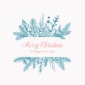 Merry Christmas Abstract Botanical Logo or Card with Frame Banner and Modern Typography. Hand Drawn Spruce or Pine
