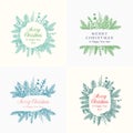 Merry Christmas Abstract Botanical Logos or Cards with Frame Banner and Modern Typography Collection. Hand Drawn Spruce