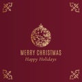 Merry Christmas Abstract Vector Classy Label, Logo or Card Template. Hand Drawn Golden Toy Ball Sketch Illustration with