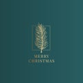 Merry Christmas Abstract Vector Classy Label, Sign or Card Template. Hand Drawn Golden Fir-Needle Branch Sketch