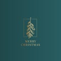 Merry Christmas Abstract Vector Classy Label, Sign or Card Template. Hand Drawn Golden Mistletoe Branch Sketch