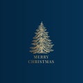 Merry Christmas Abstract Vector Classy Label, Sign Or Card Template. Hand Drawn Golden Pine Tree Sketch Illustration