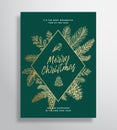 Merry Christmas Abstract Vector Frame Greeting Card, Poster or Holiday Background. Sketch Fir-needles with Strobile