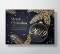 Merry Christmas Abstract Vector Greeting Card, Poster or Holiday Background. Classy Black and Gold Colors, Glitter