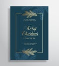 Merry Christmas Abstract Vector Greeting Card, Poster or Holiday Background. Classy Blue and Gold Colors and Typography