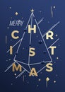 Merry Christmas Abstract Vector Minimalistic Geometry Poster, Card or Background. Classy Blue and Gold Colors, Modern