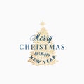 Merry Christmas Abstract Vector Retro Label, Logo, Sign or Card Template. Hand Drawn Golden Holiday Pine Tree with Toys Royalty Free Stock Photo