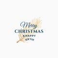 Merry Christmas Abstract Vector Retro Label, Sign or Card Template. Hand Drawn Golden Fir-Needle Branch Sketch