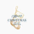 Merry Christmas Abstract Vector Retro Label, Sign or Card Template. Hand Drawn Golden Holiday Sock Sketch Illustration