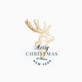 Merry Christmas Abstract Vector Retro Label, Sign or Card Template. Hand Drawn Golden Reindeer or Deer Head Sketch