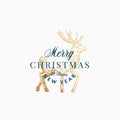 Merry Christmas Abstract Vector Retro Label, Sign or Card Template. Hand Drawn Golden Reindeer or Deer Sketch