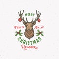 Merry Christmas Abstract Vector Retro Label, Sign or Logo Template. Colorful Hand Drawn Deer Head Sketch Illustration Royalty Free Stock Photo