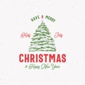 Merry Christmas Abstract Vector Retro Label, Sign or Logo Template. Colorful Hand Drawn Pine Tree with Snow Sketch Royalty Free Stock Photo