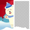 Merry Christmas background with blank photo and Cute Polar bear hiding behind blank boards. Holiday Social media post, Christmas Royalty Free Stock Photo