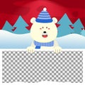 Merry Christmas background with blank photo and Cute Polar bear hiding behind blank boards. Holiday Social media post, Christmas Royalty Free Stock Photo