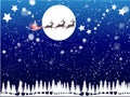 Merry Christmas background in blue sky Santa Claus carrying gift in reindeer sledge in front of fullMoon snow flakes over pine