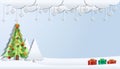 merry christmas background with copy space in paper art cut style design. Christmas tree, snowflakes, gift box on winter