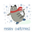 Merry Christmas background with cute skating cat.