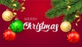 Merry Christmas background with christmas element. Red Background with fir tree branches and green, gold, red colored Royalty Free Stock Photo