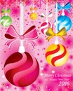 Merry Christmas background with fir branches and the color full balls with decorations on the pink background. Royalty Free Stock Photo
