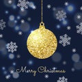 Merry Christmas background with gold hanging bauble. Shining gli