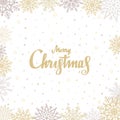 Merry Christmas background with hand drawn lettering. Greeting card template, banner with golden and silver snowflakes Royalty Free Stock Photo