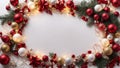 Merry Christmas background. New Year\'s decorations on white table - colorful balls around. Top view with copy space frame