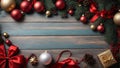 Merry Christmas background. New Year\'s decorations on wooden table - colorful balls and gifts. Top view with copy space