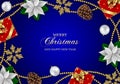 Merry christmas background with poinsettia flowers, gift boxes, pine cones, snowflakes and christmas balls