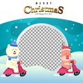 Merry Christmas Background with Polar Bear and Reindeer ride scooter.blank photo.Holiday Social media post,Christmas sale, Royalty Free Stock Photo